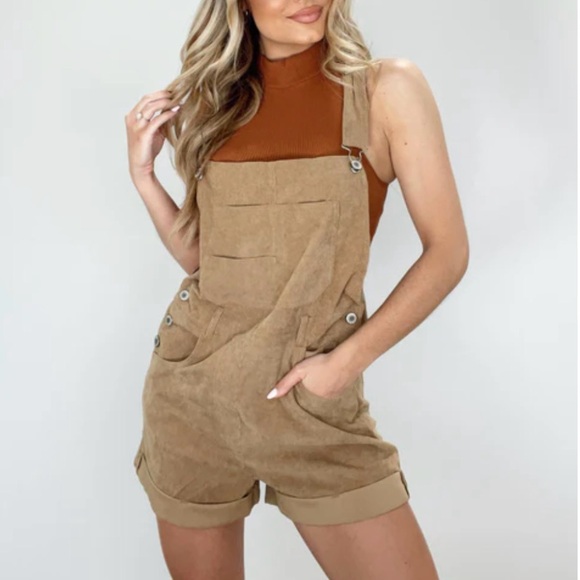 Tan Corduroy Short Overalls and Rust Mock Tank - Picture 1 of 6